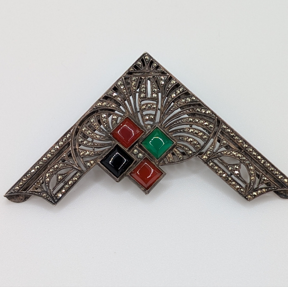 Vintage 1920s Art Deco Marcasite Chevron Brooch